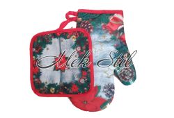 Комплект коледен текстил ръкавица с ръкохватка - Коледни шишарки